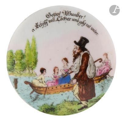 a plate with a picture of a man and children in a boat
