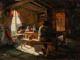 painting of a group of people sitting around a table in a room