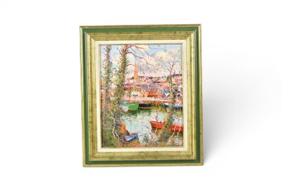 painting of a river scene with boats and trees in a gold frame