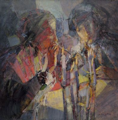 une peinture à l'huile représentant deux personnes debout l'une à côté de l'autre