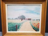 an image of a painting of a country road with a barn in the background