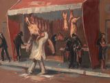 un tableau représentant un homme debout devant une boucherie