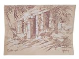 drawing of an old stone building in a wooded area with trees