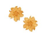 a pair of gold flower earrings on a white background