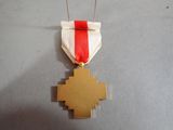 a gold medal with a red and white ribbon on it