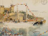 a painting of a ship in the water with flags on it