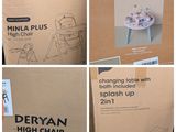 plusieurs photos d'une boîte sur laquelle figure l'image d'un bébé dans une chaise haute