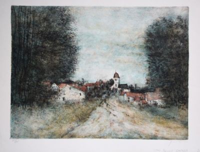painting of a rural road with a church in the distance