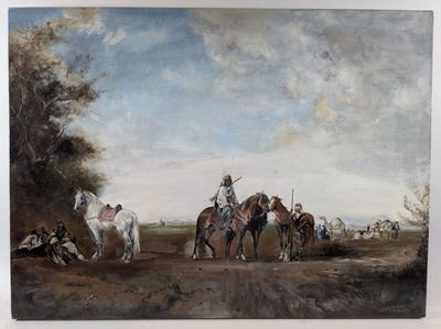 a painting of a group of people riding horses