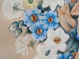 a painting of flowers in a vase with a teddy bear