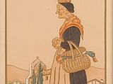 painting of a woman with a basket on her head and a bird in her hand