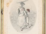 an old drawing of a man and a woman in traditional clothing