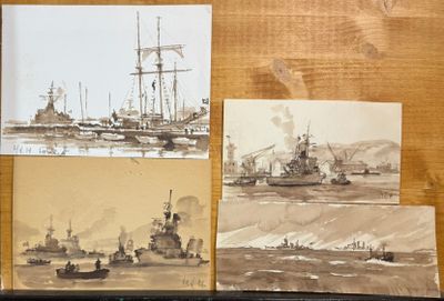 trois photos de bateaux posées sur une table, à côté d'un clavier