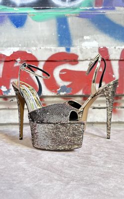 Sandales P.38 A.VAUTHIER Cuir et Sequins gold Plateau 6,5cm Talon 17,5 - Photo 1