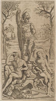 a drawing of a man standing over a group of people