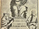 an old book with a picture of a man holding a harp
