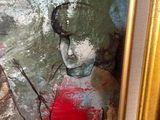 a picture of a painting of a woman with a red umbrella