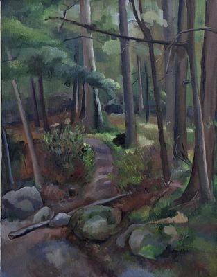 painting of a path through a forest with rocks and trees
