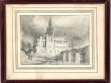 painting of a castle in a frame on a white background