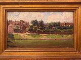 an oil painting of a view of a field with a building in the background