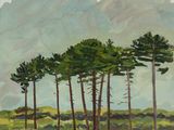 une peinture à l'huile représentant des arbres dans un champ, avec des montagnes en arrière-plan