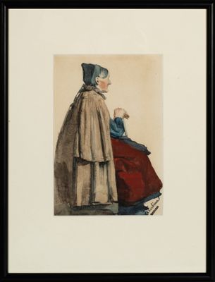 un tableau représentant une femme en robe rouge et un homme en manteau marron