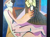 un tableau représentant une femme assise sur un lit, un montre à la main
