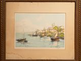 aquarelle encadrée représentant une scène de port avec des bateaux sur l'eau