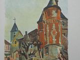 painting of a church with a steeple on the top of it