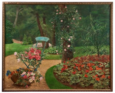un tableau représentant un jardin avec des fleurs et un banc