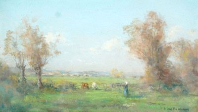 un tableau représentant des vaches paissant dans un champ, avec des arbres en arrière-plan