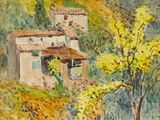 une image d'une peinture représentant une maison sur une colline