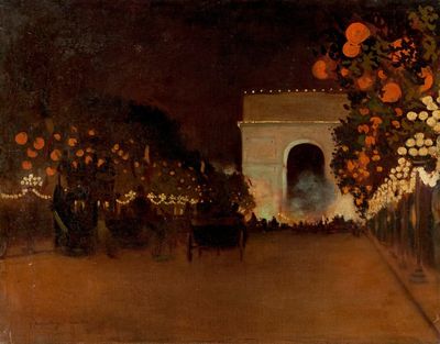 painting of a painting of a street at night with a building in the background
