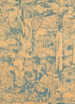 a blue and yellow drawing of a wooded area with trees