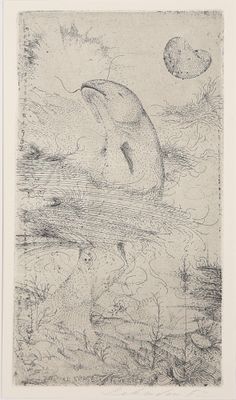 dessin représentant un dauphin sautant hors de l'eau, avec la lune en arrière-plan