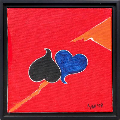 a painting of two hearts and a umbrella on a red background