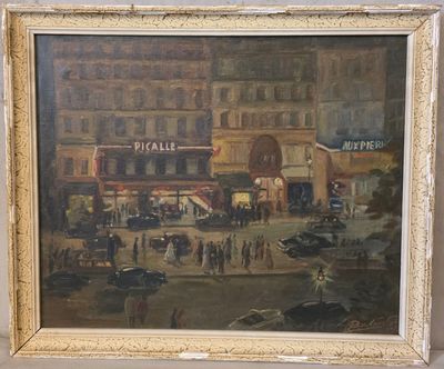 une peinture à l'huile représentant une scène de rue en ville avec des gens et des voitures