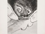 un dessin en noir et blanc représentant un visage avec un grand sourire