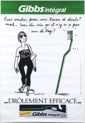a poster with a picture of a woman holding a toothbrush