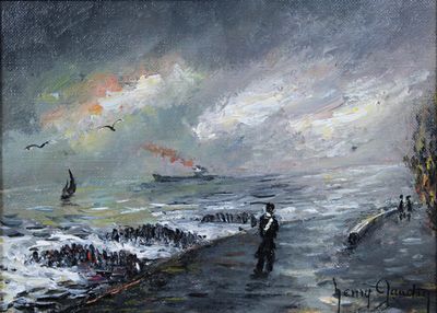 a painting of a man standing on a beach by the ocean