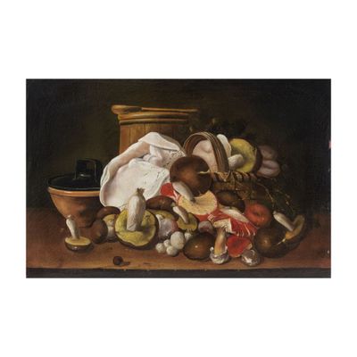 peinture d'une nature morte de fruits et légumes sur une table