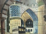 an oil painting of a man sitting on a bench in front of a building