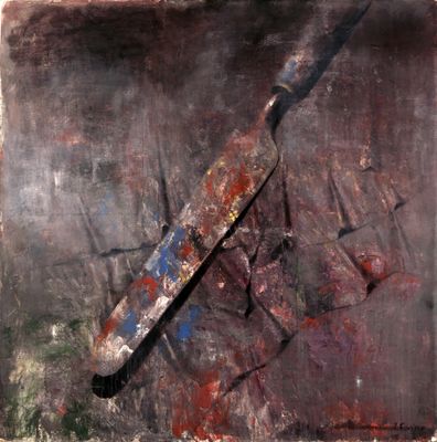 a painting of a baseball bat on the ground