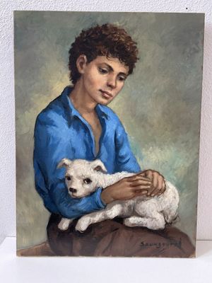 tableau représentant un jeune garçon tenant un chien blanc dans ses bras
