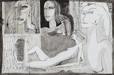 dessin représentant une femme assise devant un miroir, tandis qu'une autre femme se regarde dans ce miroir