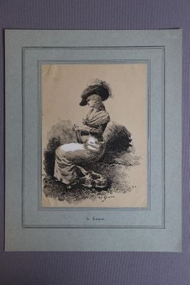 une vieille photo d'une femme assise sur une chaise, coiffée d'un chapeau