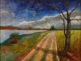 une peinture à l'huile représentant un chemin de terre dans un champ, près d'un plan d'eau