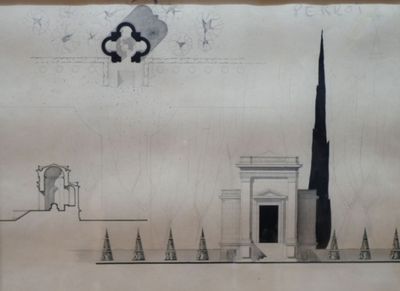 drawing of a drawing of a building with a clock on top of it
