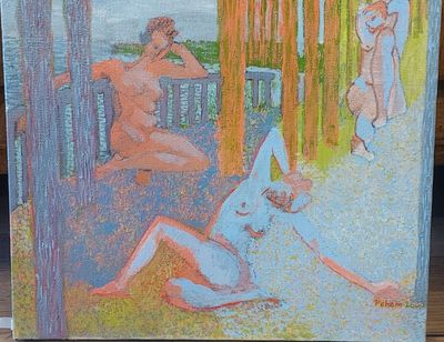 un tableau représentant un couple de nus assis sur un banc