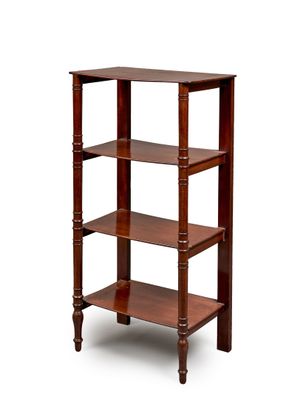 an image of a wooden shelf with three shelves on each side